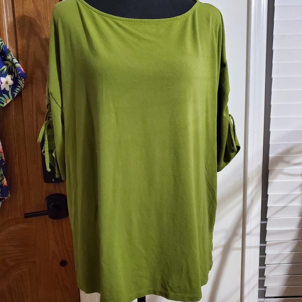 Ann Taylor Factory Olive Green Ruched Tie Sleeve Top XL Dolman Knit Blouse